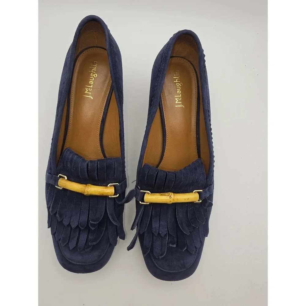 J. McLaughlin Navy Suede Kiltie Loafers with Bamboo Bit Detail Size 9